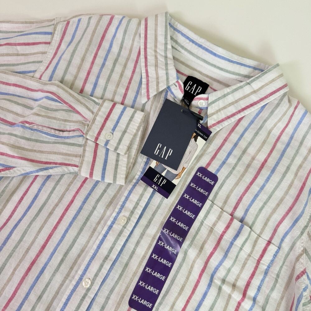 Gap Linen Blend Striped Button Down Top Women's XXL Relaxed Coastal Summer Shirt